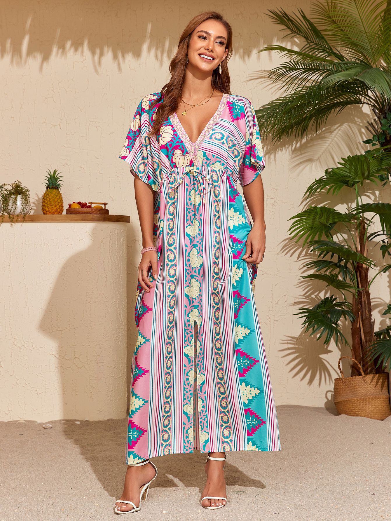 Cross-border nueva impresión de playa vestido bohemio vestido de vacaciones traje de baño camisa 5C01