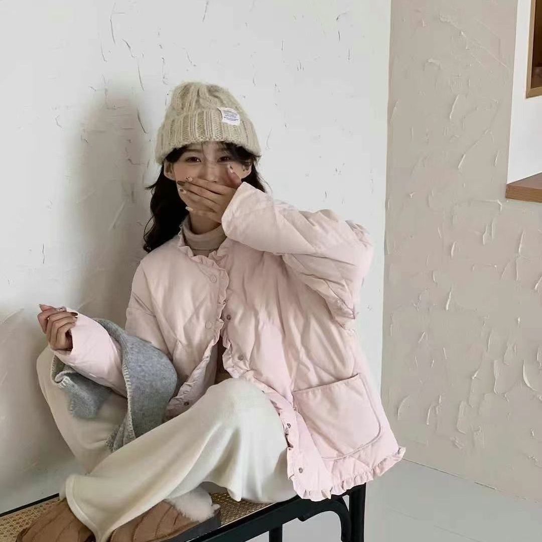 2025冬新款轻薄花边羽绒服女短款韩版设计感菱形格小个子香风外套