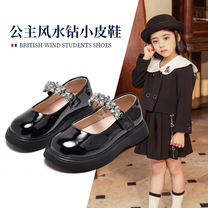 Spring 2022 New Girls Leather Shoes Princess Shoes Crystal Shoes Soft Sole High Heels Single Shoes Rhinestone
