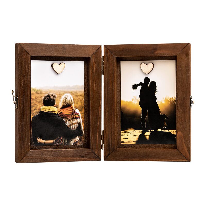 Wooden Double Photo Frame with Folding Hinge, Rustic 4X6 Vintage Metal Buckle with Magnet, Solid Wood Folding Double Photo Frame