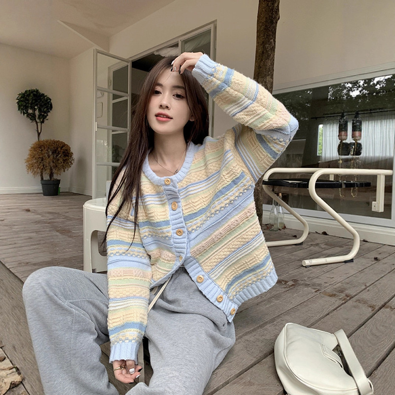 条纹毛衣外套2025新款女秋冬新款女装大码胖mm针织打底开衫上衣|undefined