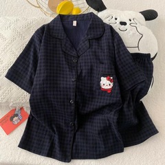 高見えチェック柄KT人気クラウドコットン薄手夏ゆったりパジャマレディース半袖ショーツホームウェアセット