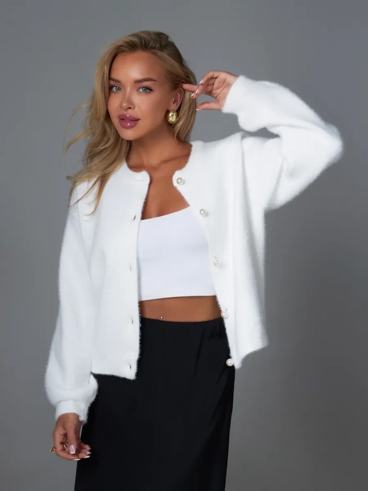 Cardigan aus Kunstnerzstrick – Weicher, übergroßer Strickmantel mit Knopfleiste (Einheitsgröße, Rundhalsausschnitt, lange Ärmel, dick und kuschelig, Weiß, perfekt zum Layern)_voghion.com