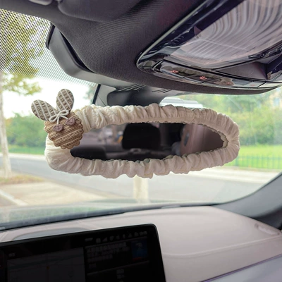 Women Creative Cartoon Cute Car | Sürətlər qutusu və əl tormozu başlıqları - puff-rearview-mirror-cover-brown-bow-rabbit-ears