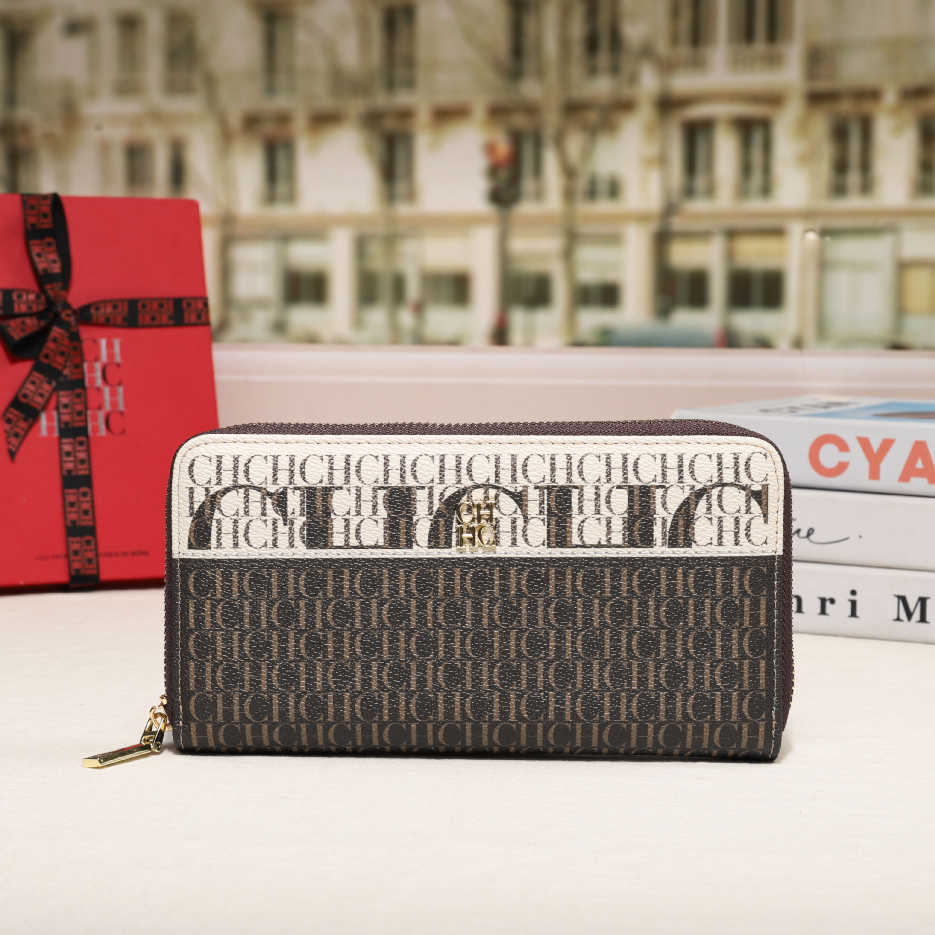 CHHC nuevo bolso 2025 moda femenina billetera con cremallera clásica textura real bolso largo unisex