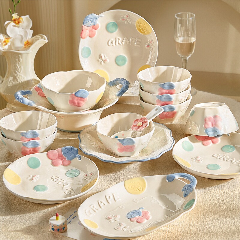 High-Quality Ceramic Bowl and Plate Set for Home Use, Cute Bowl and Dish Set with Underglaze Color Painting, Plant and Floral Design, Fresh and Simple Style