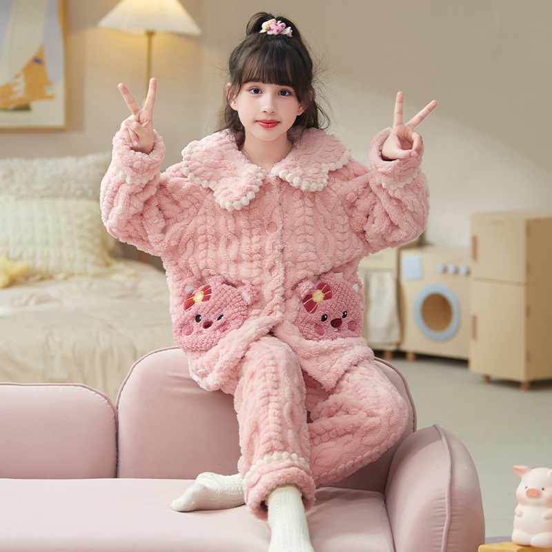 2024 new girls' pajamas autumn and winter thickened coral fleece children and girls big children Ruby home clothes suit