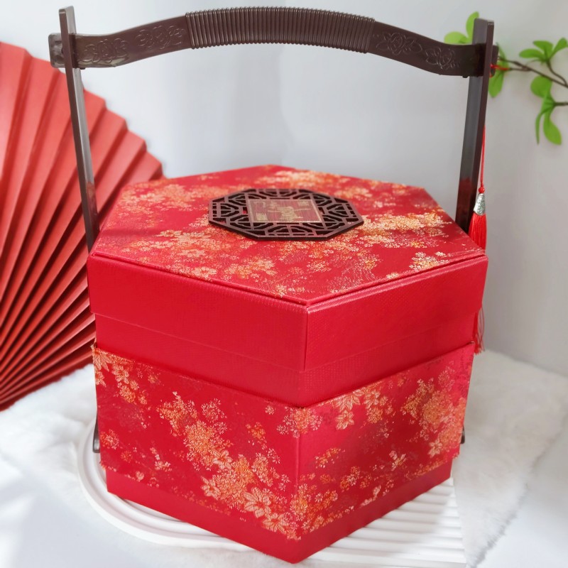 高档八角双层手提盒结婚喜糖盒回礼伴手礼包装盒木制商务礼品盒