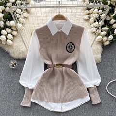 学院風高級感軽豪華名媛セット女性秋冬純色ゆったり長袖シャツノースリーブニットベスト