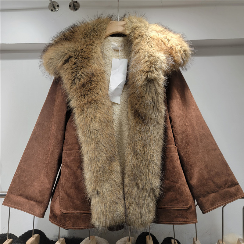 American brown gamuza abrigo de algodón abrigo de piel de mujer una sola sola solapa exterior abrigo de piel gruesa cálida image 2