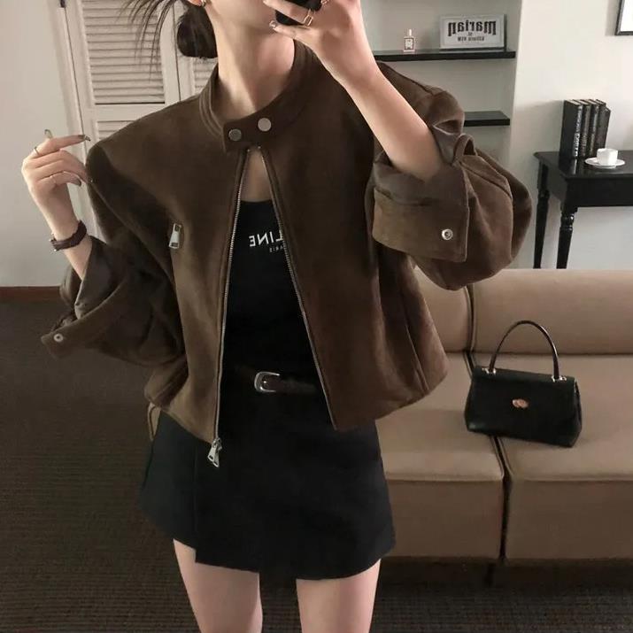 Korean Chic Autumn Retro Style Stand Collar Zipper Pocket Loose Versatile Short Biker Jacket for Women