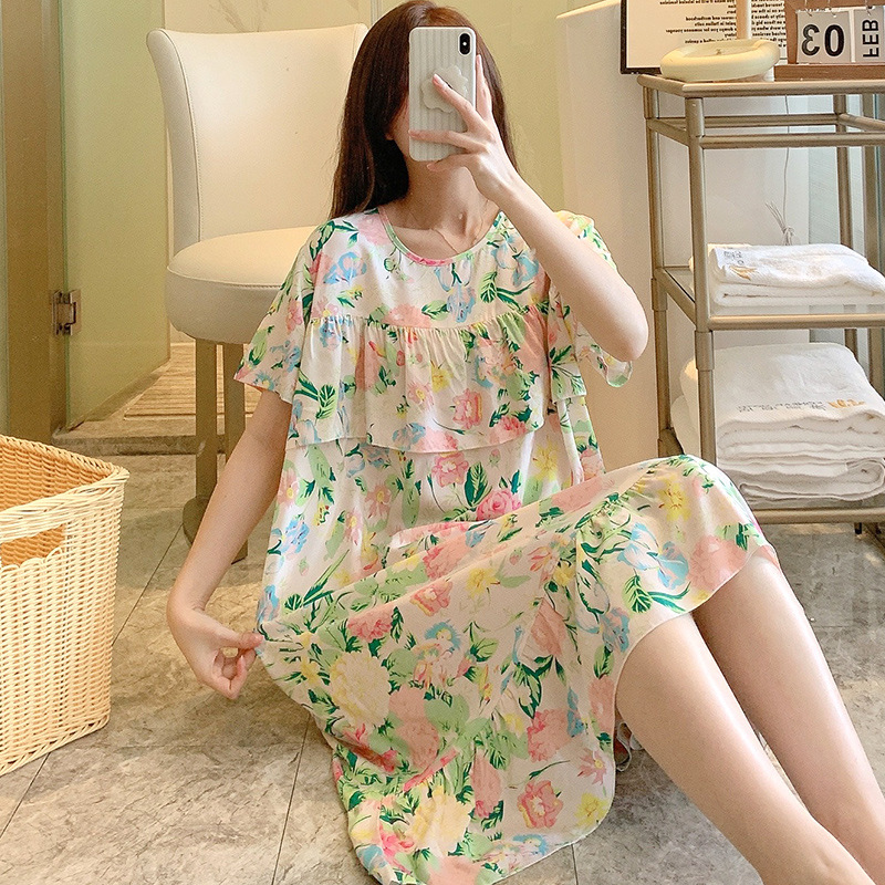Anti-bump Nightgown Women's Summer Thin Large Size Cotton Silk Skirt 2023 New Ice-feeling Cotton Silk Loose Home Clothes