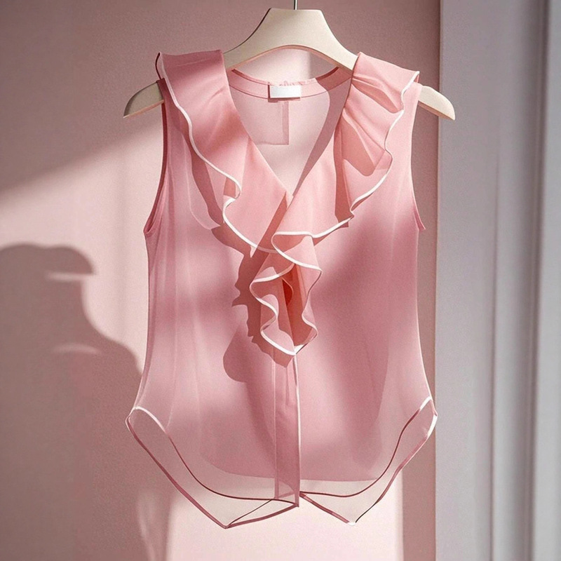 Cross-Border Women's Clothing 2025 Summer New European and American Fashion Casual V Neck Multi-Layer Ruffle Shirt Tops for Women