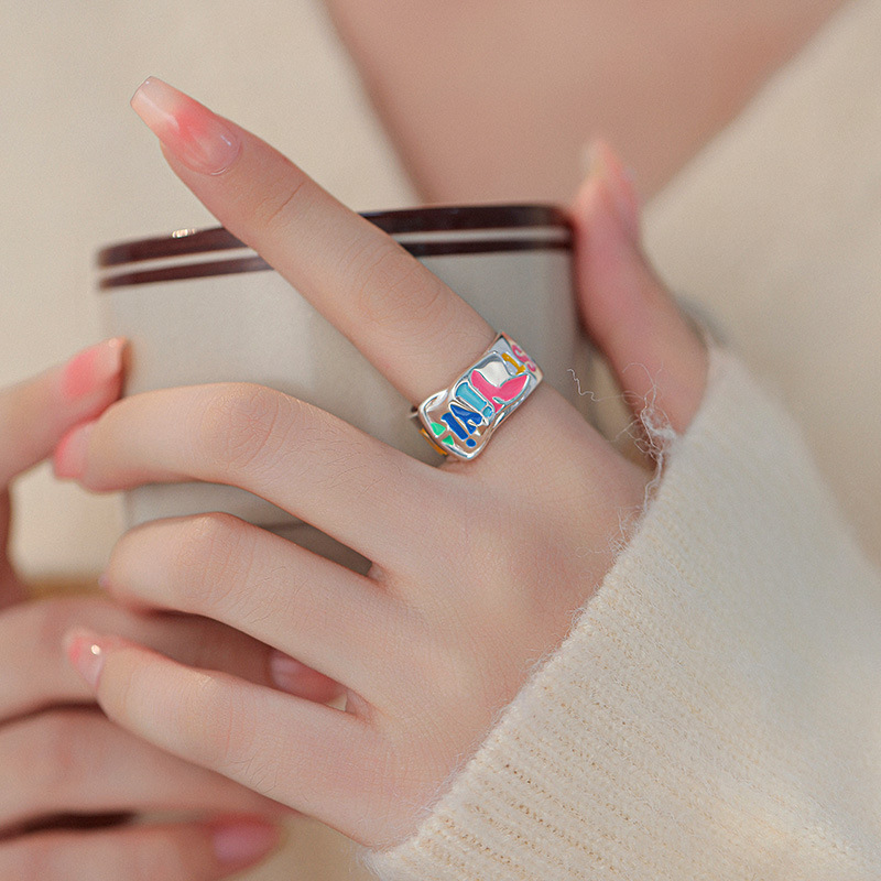 S Sterl Silver Enamel Graffiti Colorful English Letter for Women in South Korea, Unique Design with Belt Buckle and_voghion.com