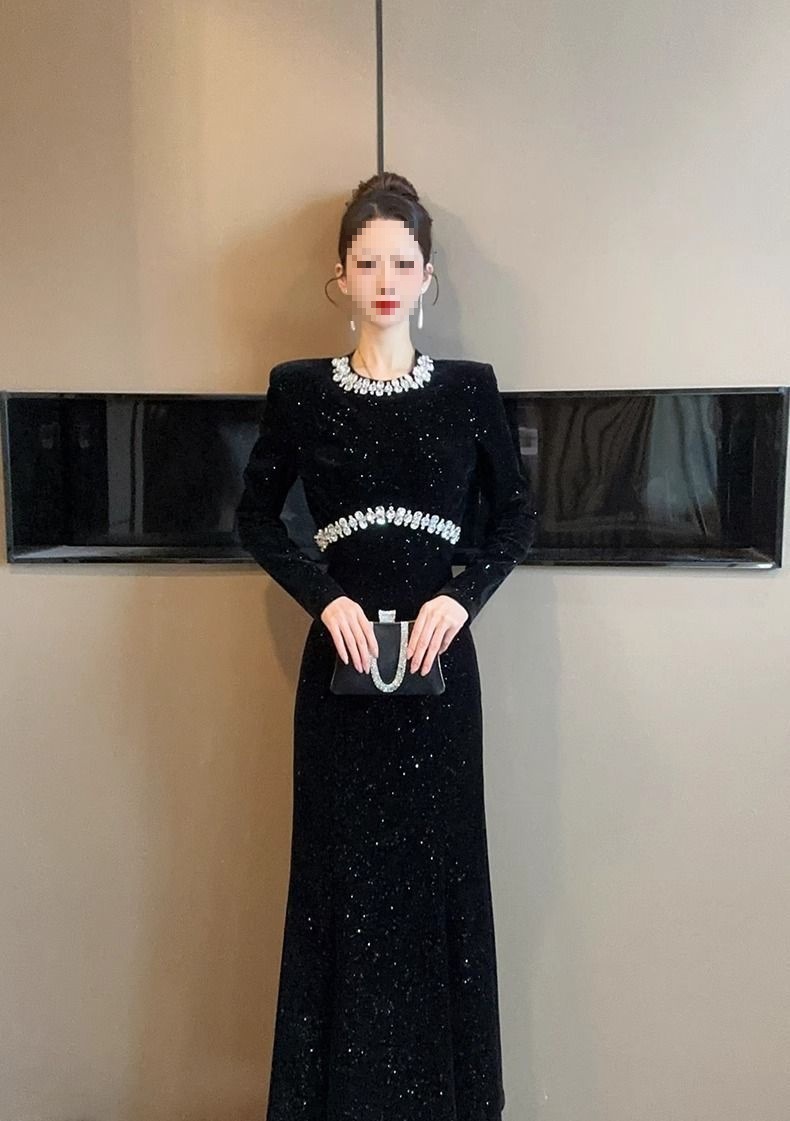 European-style Black For Women, Spring Collection, Heavy-duty Rhinestone Embellished Party Gown, Light Luxury Fishtail_ecoleips.com