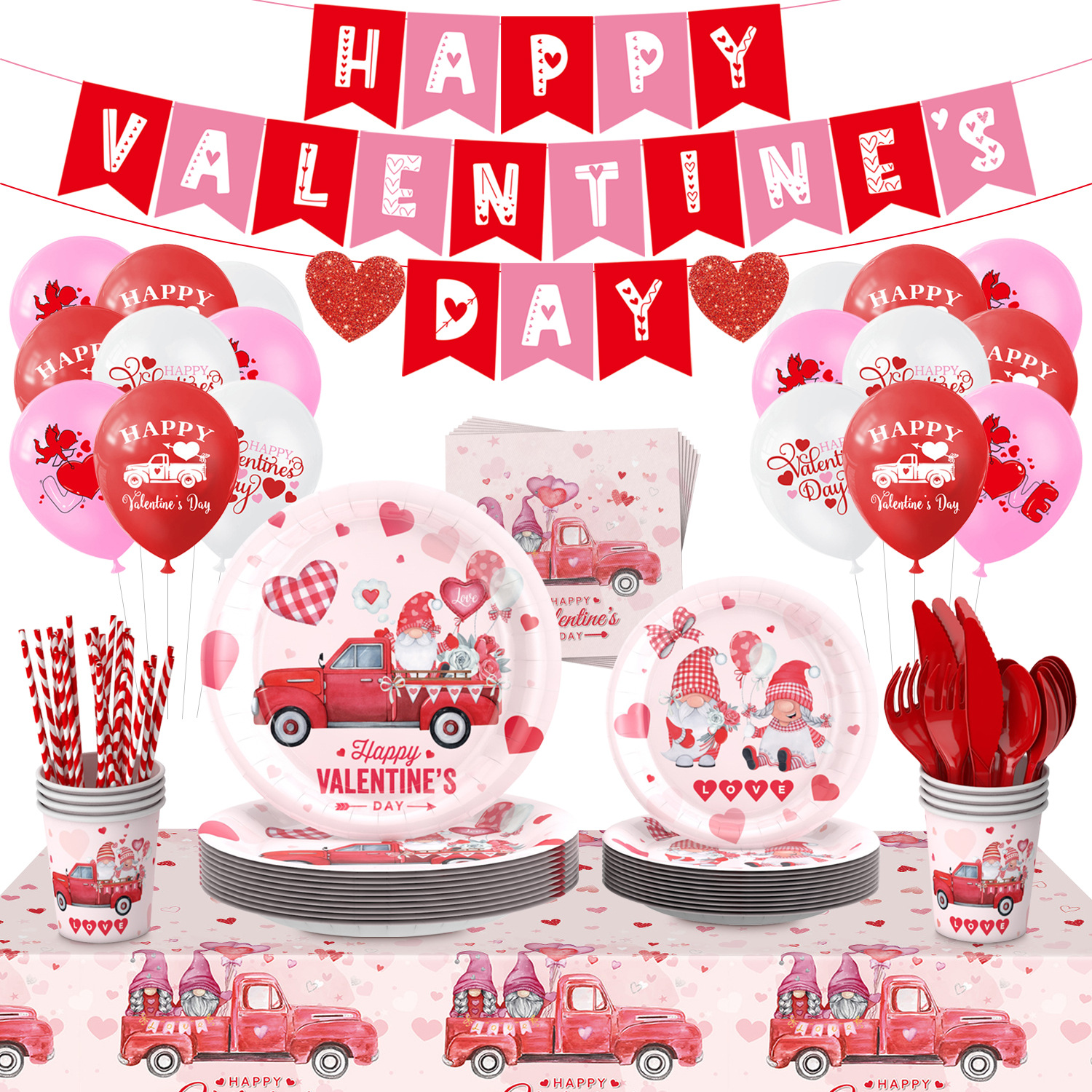 Transfronterizo Día de San Valentín Rosa coche tema Fiesta decoración suministros plato de papel desechable taza de papel decoración traje