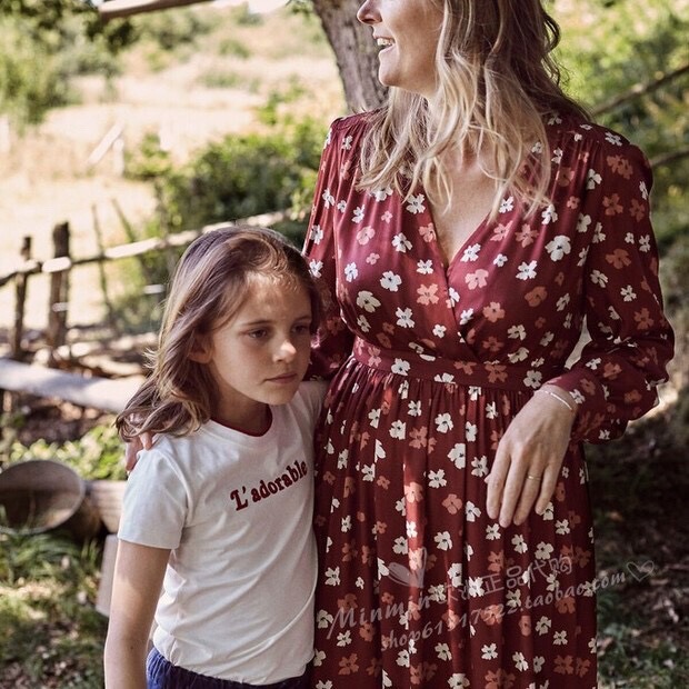 French Retro Vibe, Burgundy Floral Print, Soft and Nostalgic Red Dress, Long-Sleeved V-Neck Dress
