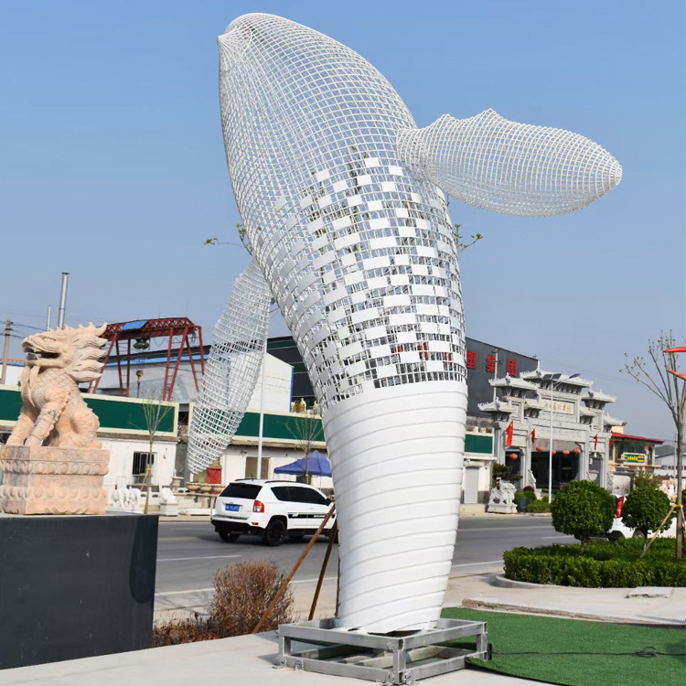 大型ステンレス彫刻カスタム抽象動物鹿クジラ水景月円環波花透かし球景観品|undefined