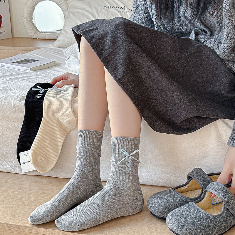 spring and summer miu series korean embroidery love gray socks tube socks blue ribbon bow sweet pile socks less