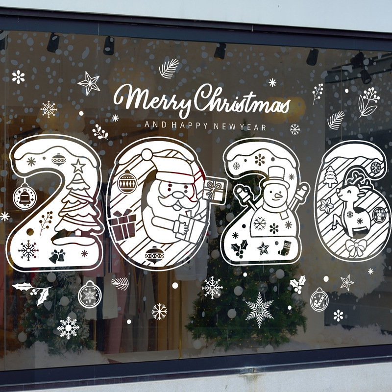 2026 新年ステッカーホワイトサンタクロースヘラジカウィンドウステッカースノーフレーク雪だるまツリークリスマス装飾ガラスステッカー|undefined