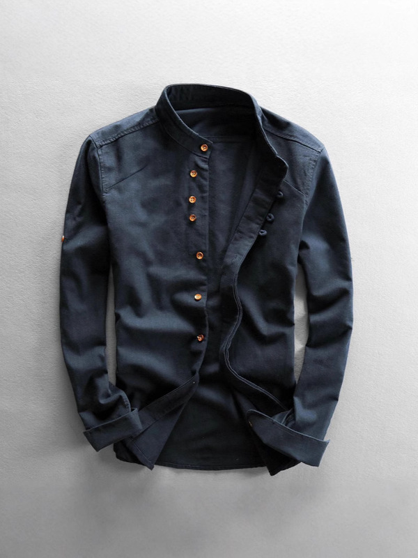 Amazon Cross-Border European and American Spring and Autumn New Men's Chinese Style Long-Sleeved Button-Up Collar Shirt Solid Color Casual Shirt Amazon Cross-Border European and American Spring and Autumn New Men's Chinese Style Long-Sleeved Button-Up Collar Shirt Solid Color Casual Shirt