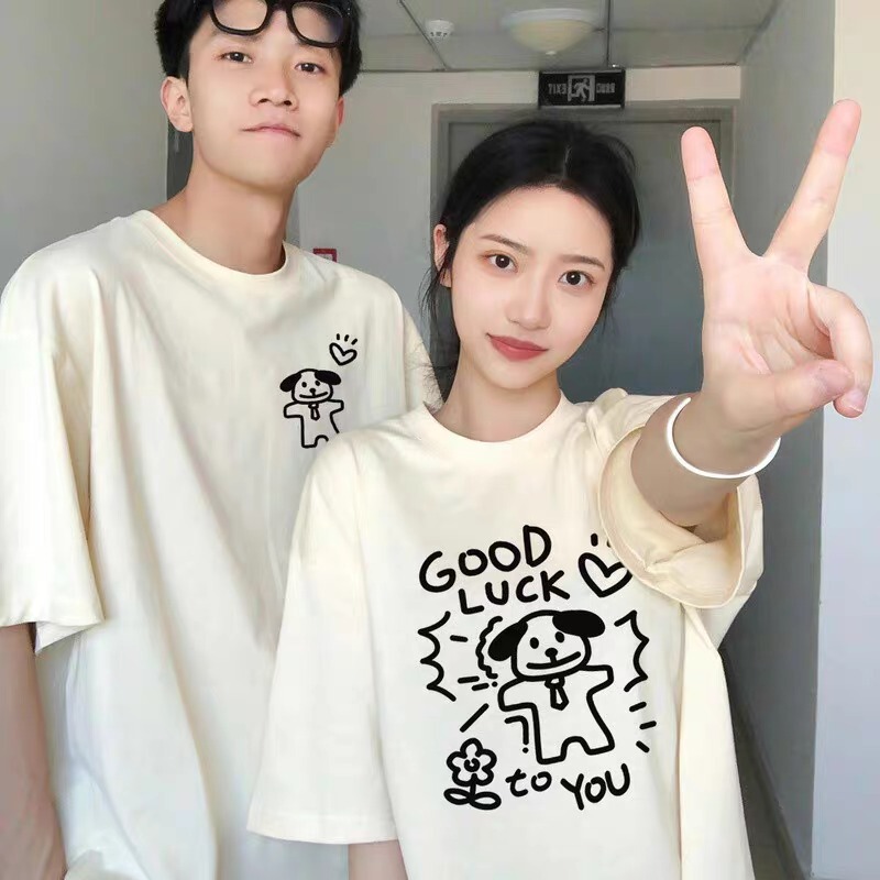 100% Pure Cotton 260g Summer Couple's Short-Sleeved T-Shirt, Men's and Women's Matching Outfits, Loose-Fitting Half-Sleeve T-Shirt, Cute T-Shirt