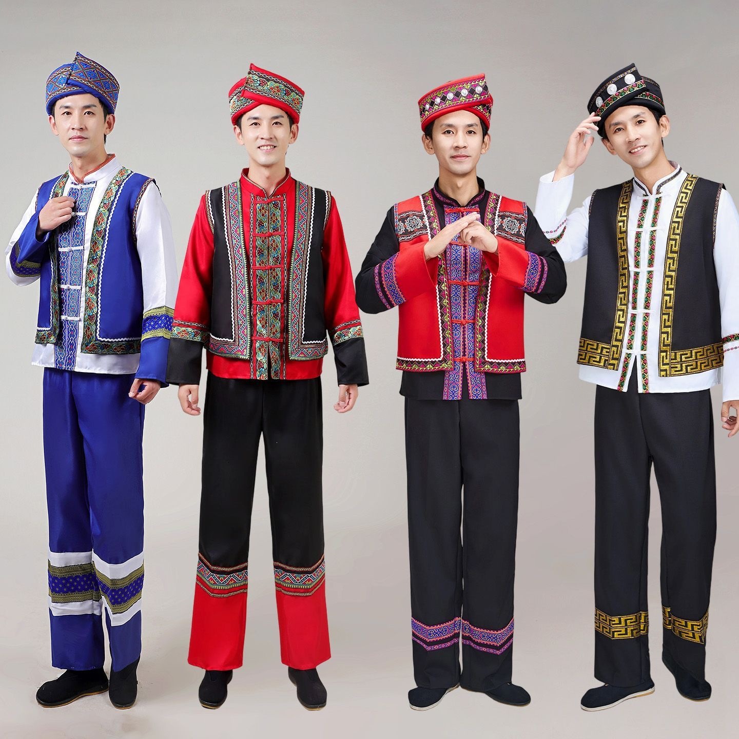 Warm Maple Leaf Ethnic Minority Costumes for Adult Men: Miao, Tujia, Yao, Yi, Zhuang March 3rd Festival Costumes