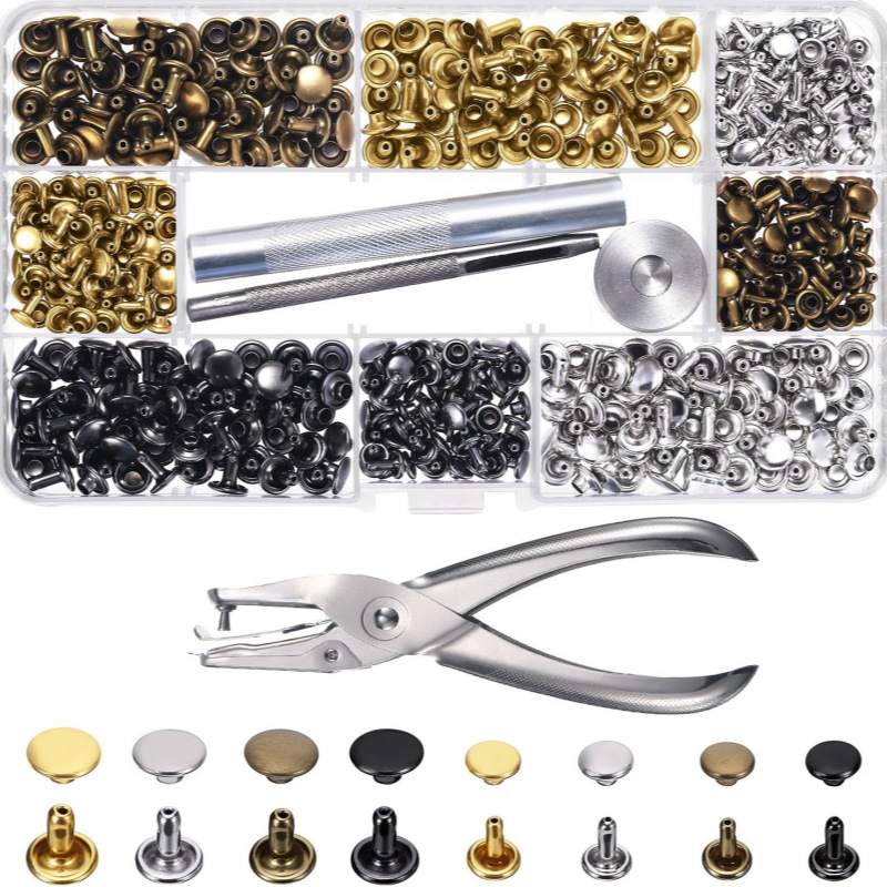 240 sets + herramientas de cuero equipaje de cuero decoración de metal remache de doble cara Madre y madre traje de hebilla de doble cara clavo de impacto tapa de uñas