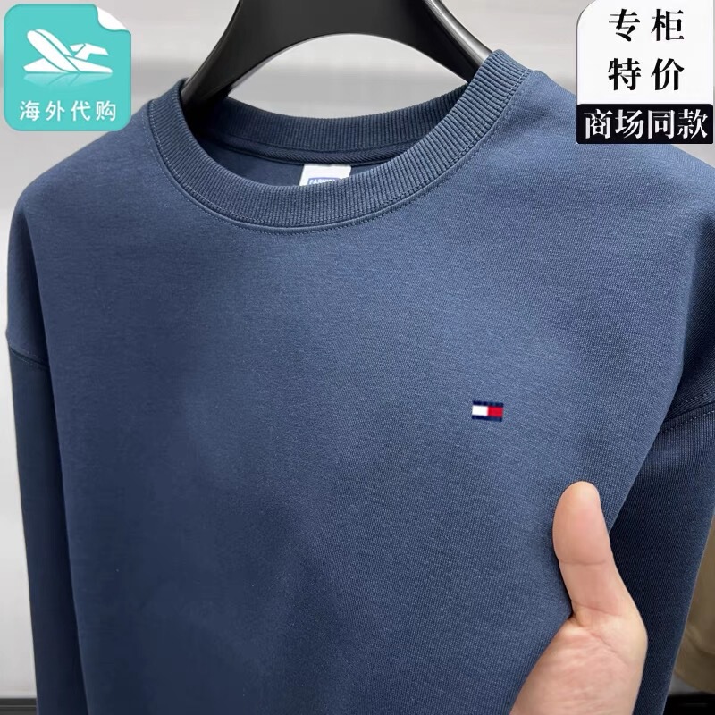 Authentic Tommy Tommy Round Neck Sweatshirt Men's Spring Long-Sleeved Loose Casual Trendy Brand T-Shirt Pure Color Versatile Top for Men