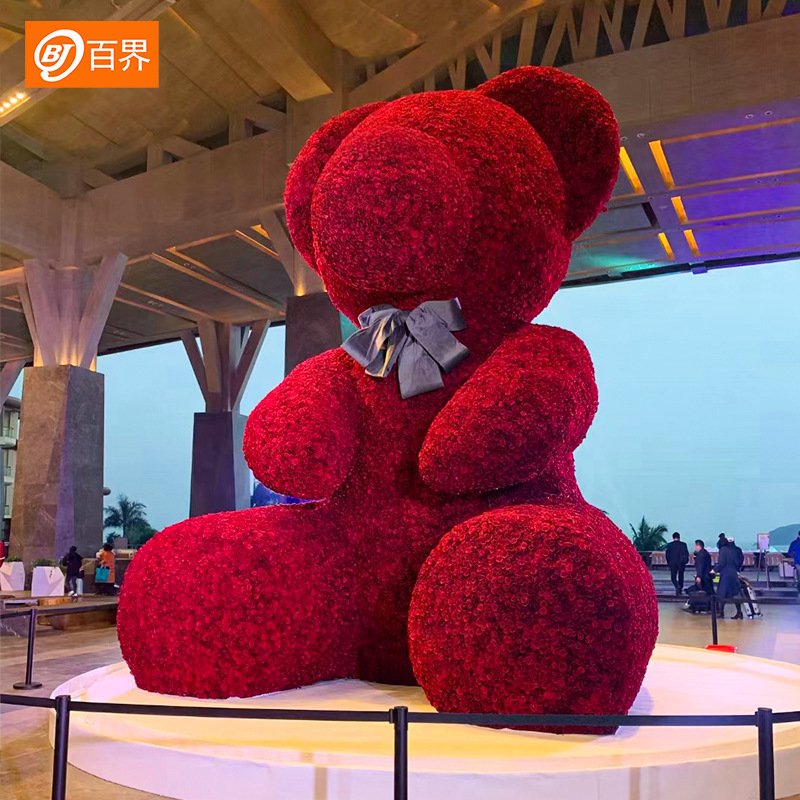 百界婚礼堂道具海南三亚仿真红色玫瑰熊酒店商场大堂门口铁艺摆设