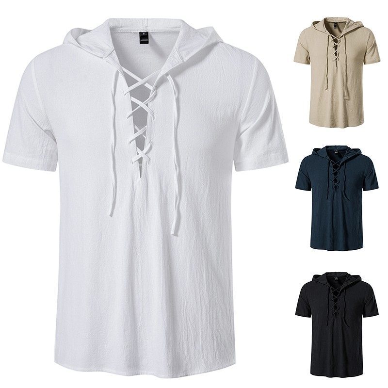 Cross-border Amazon men's short-sleeved shirt summer solid color hooded simple casual half-sleeve shirt one-piece delivery