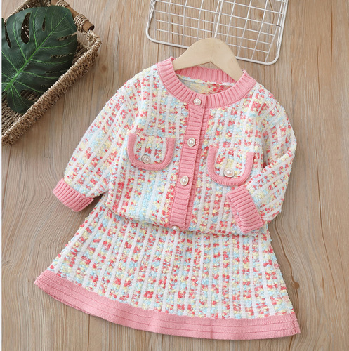 Girl's chanel style two-piece autumn girl's baby coat children's sweater cardigan set