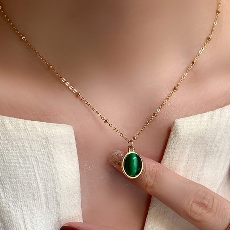 Titanium Steel Material Wholesale Jewelry Casual Simple Style Oval Titanium Steel Cat's Eye Stone Plating Inlay Pendant Necklace