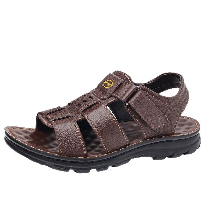 Мужские кожаные нескользящие sandals, кожаные Velcro ремни, мягкая подошва летом на пляже