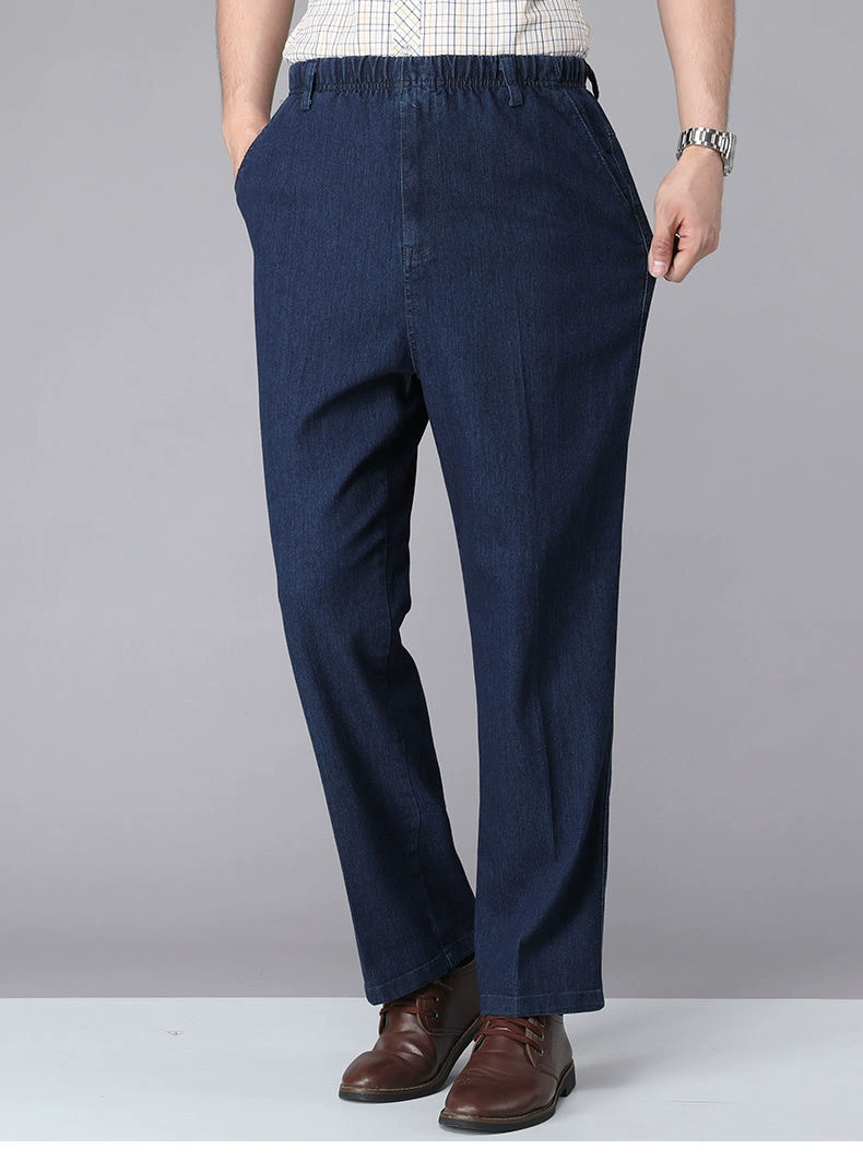 Elastic denim casual trousers, jeans, elastic waist, loose straight fit, for middle age