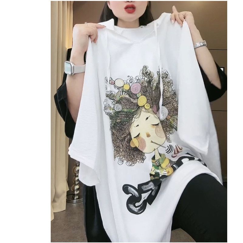 Productos europeos verano nuevo estilo suelto viento casual estampado de dibujos animados con capucha top de manga corta camiseta delgada de longitud media