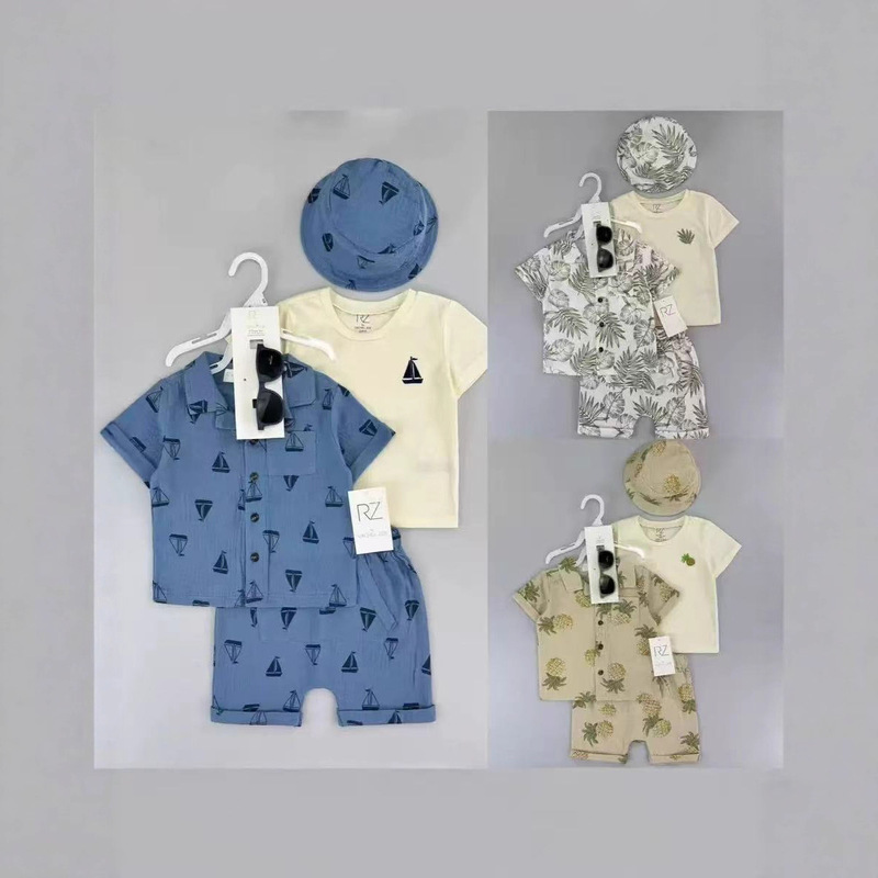 Summer New Style Infant Boy Zoubu Lapel Short-Sleeved Shorts Hat Glasses 5Pcs Cross-Border Wholesale