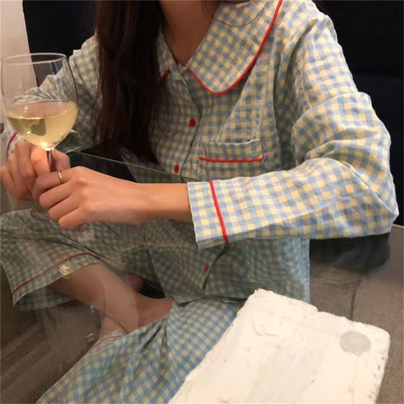 韩版ins格子睡衣女春秋季长袖长裤开衫套装学生休闲可外穿家居服|undefined