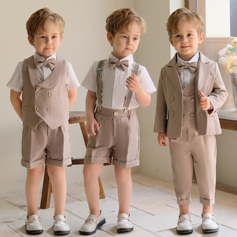 Children's Suit Boy's Strap Long Shorts Vest Shirt Suit Set Kindergarten Activities Birthday Flower Children's Dress