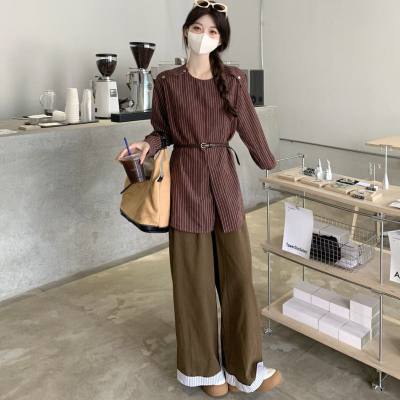 韩系穿搭套装女秋季新款修身条纹长袖衬衫阔腿裤子两件套时尚减龄|undefined
