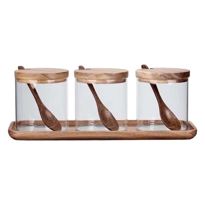 Condimento de vidrio de madera de acacia Jar condimento de cocina condimento caja hogar cocina azúcar y sal tarro condimento con cuchara traje combinación