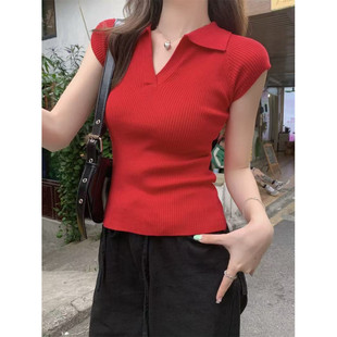 H2C Pink Polo Collar Short-Sleeved T-Shirt for Women Summer 2025 New Slim Fit Inner Layering Shirt Small Flying Sleeve Knitted Top