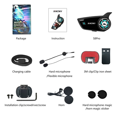 Xinowy Helmet Bluetooth Headset for 8 People with Simultaneous Intercom, Motorcycle Helmet Intercom Bluetooth Headset, Waterproof, Cross-Border (Motorcycle Helmet Headset) - xinowy-s8-pro-single-package-black