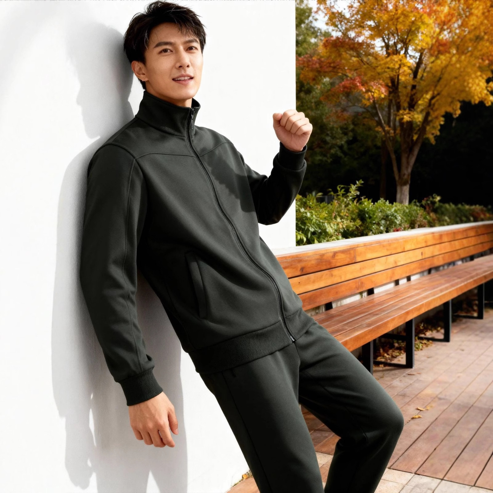Men's Long Sleeve Fitness Set Olive Green Spring Autumn Sportswear_voghion.com