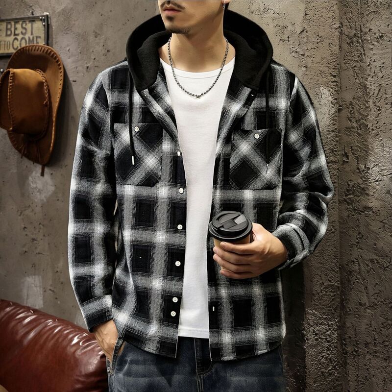 Amazon's Popular Plaid Shirt Men's Long-Sleeved Hooded Flannel Shirt Men's High-End Loose Shirt Jacket