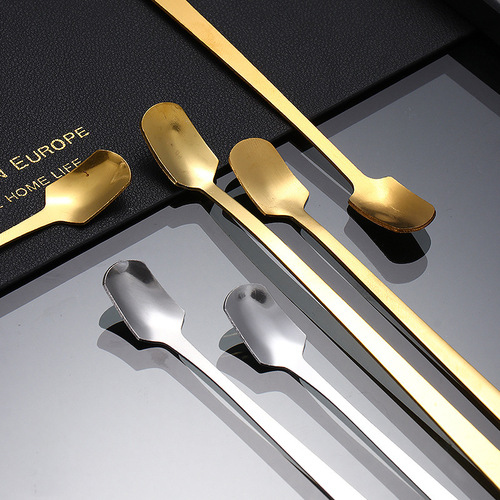 Wholesale stainless steel long handle square head spoon golden coffee stirring spoon thermostatic cup ice spoon honey spoon can be printed with logo