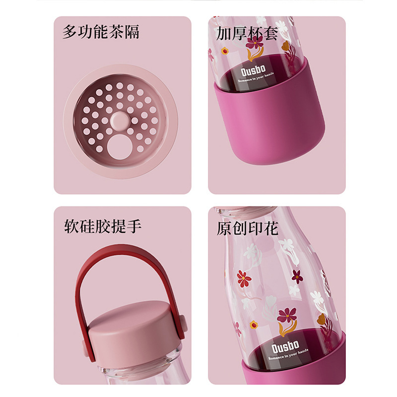 Ousbo ガラス製の女の子用の小さなミルクカップ、見栄えの良いポータブルウォーターカップ、高温耐性のコーヒーミルクボトル、夏の水出しボトル|undefined
