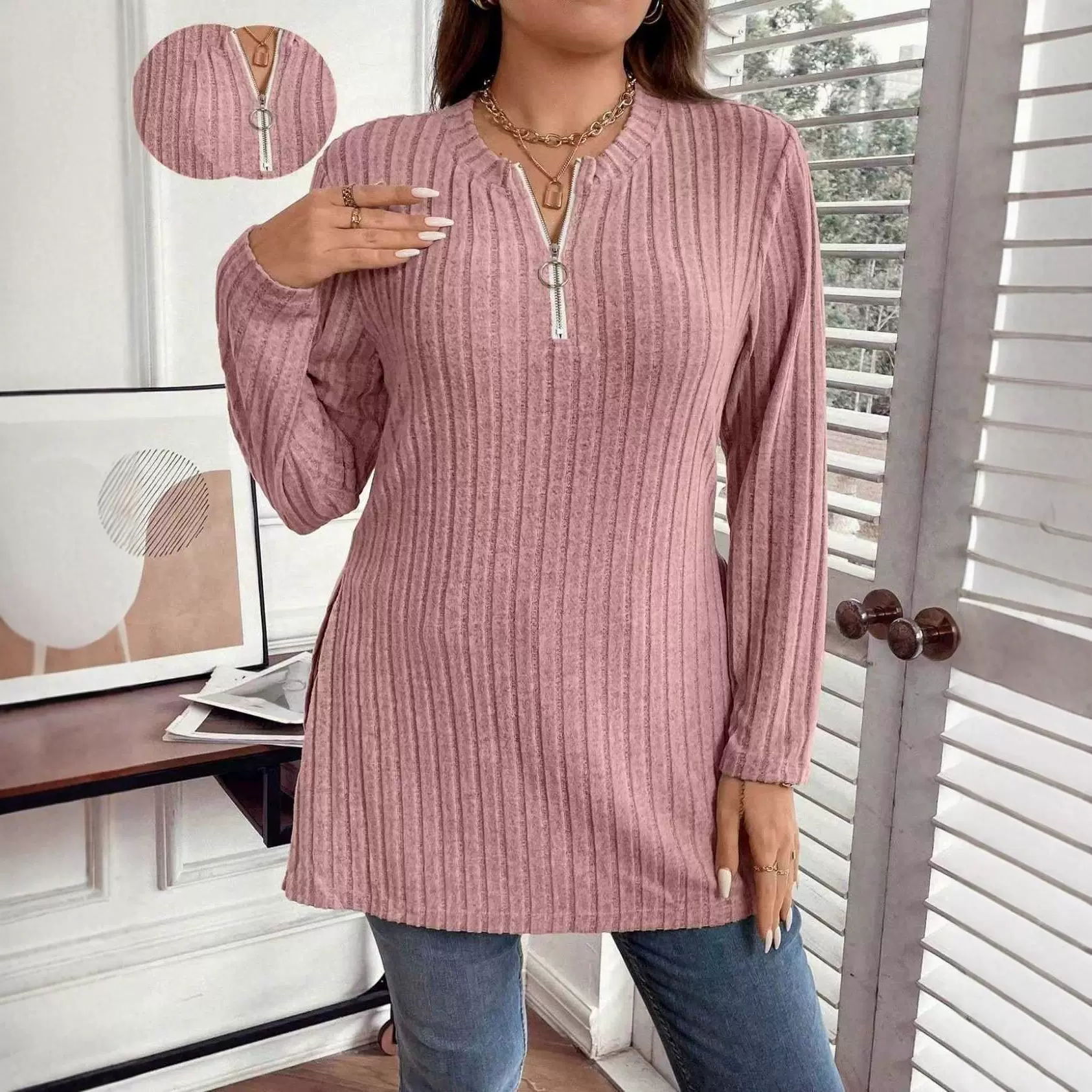 大码2025跨境亚马逊独立站女士秋冬纯色磨毛坑条长袖半拉链上衣