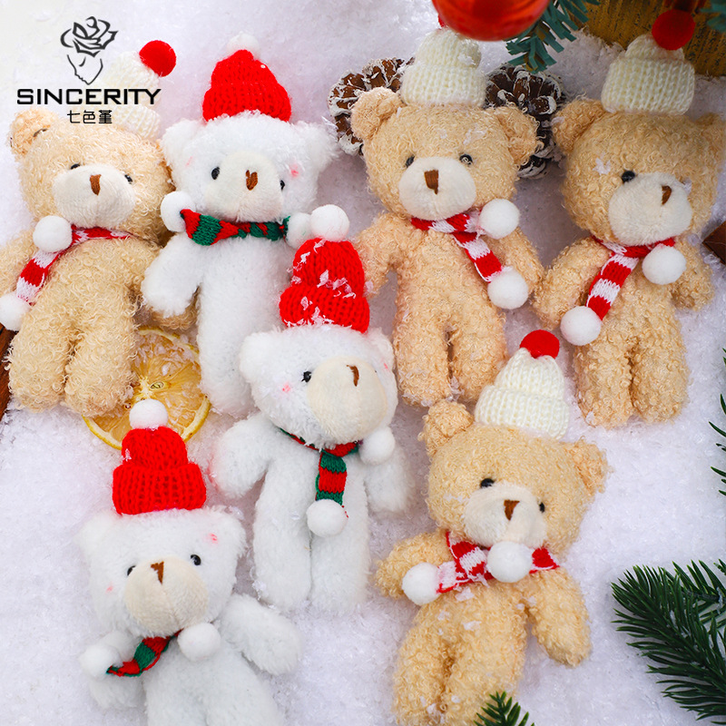 Navidad adorable peluche osos marrones horneado pastel decoración adornos con sombrero bufandas osos vestido de Nochebuena