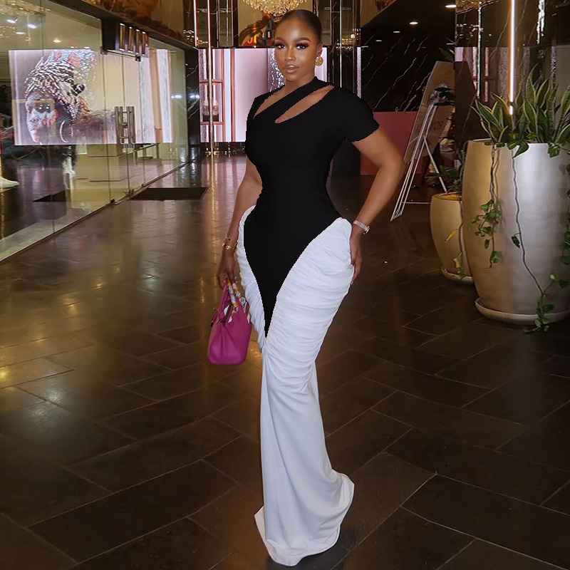 European and American Style Cross-Border Black and White Fashion Women's Pleated Slim Fit Hip Skirt Hollow Short-Sleeved Long Waist Trendy Dress